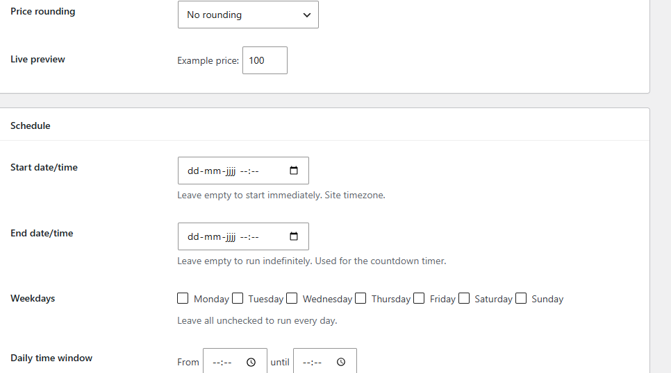 WooCommerce category discount schedule settings with start/end date, weekdays and daily time window