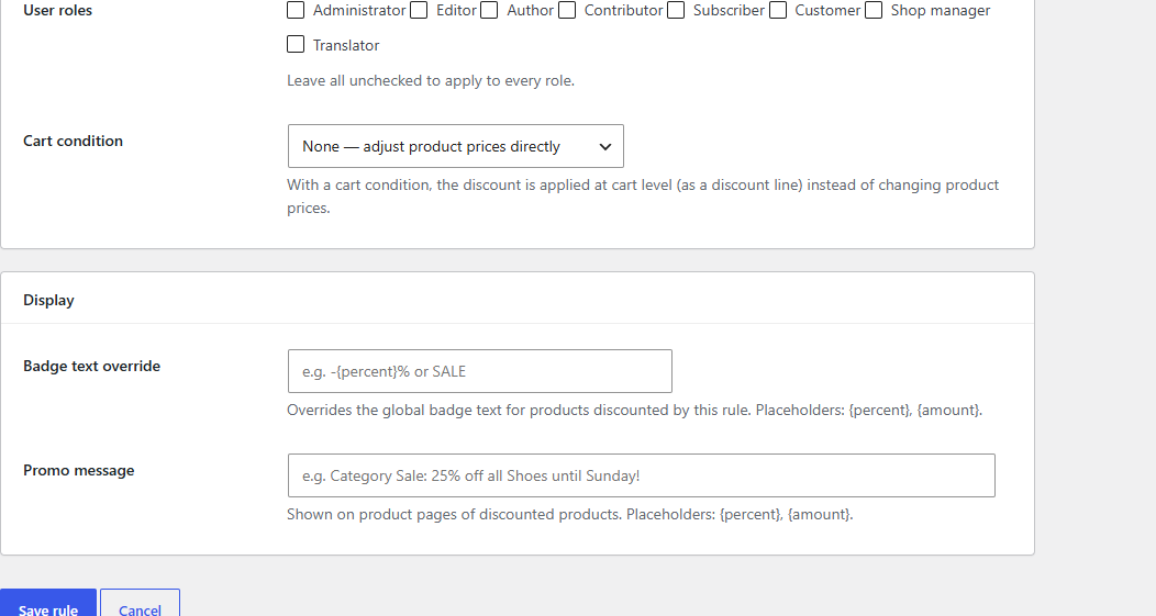 WooCommerce category discount user role targeting, cart condition and display options for badge and promo message