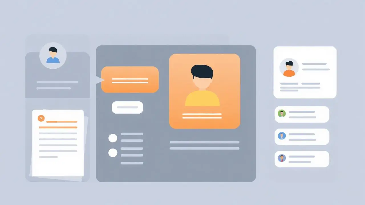Client notes on profile illustration with chat bubbles and contact card