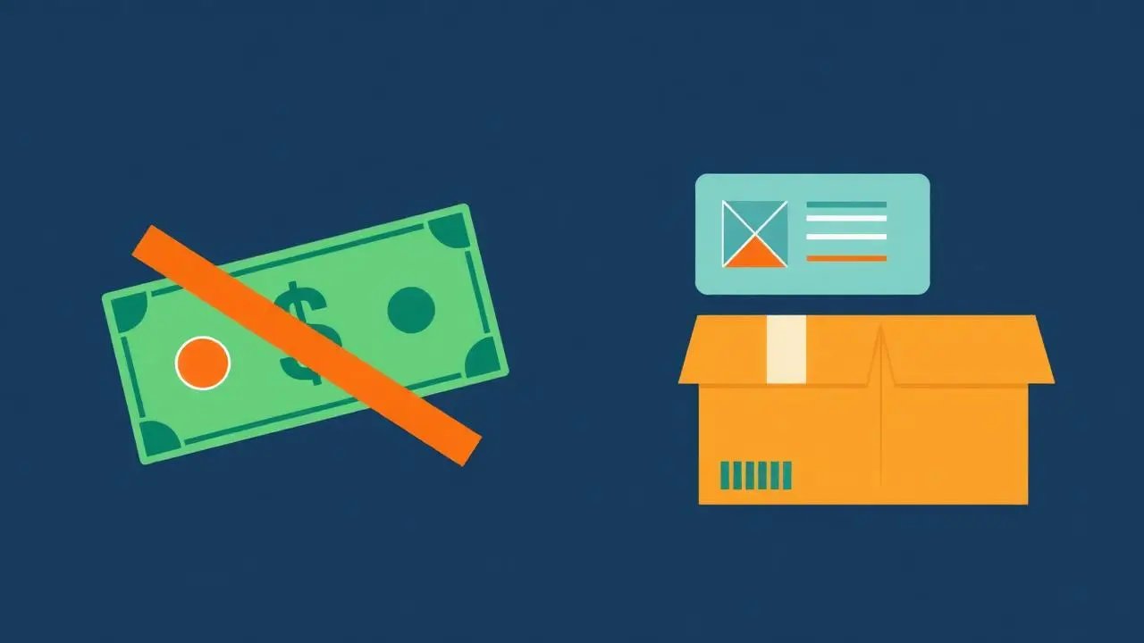 Cash on delivery banknote crossed out beside a WooCommerce parcel and checkout panel