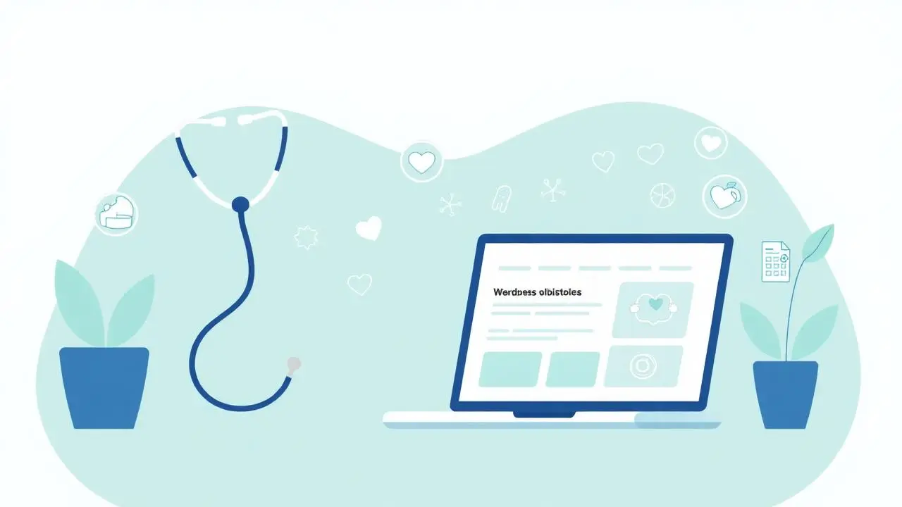 Start a health blog in WordPress — illustration with stethoscope and laptop showing a blog post