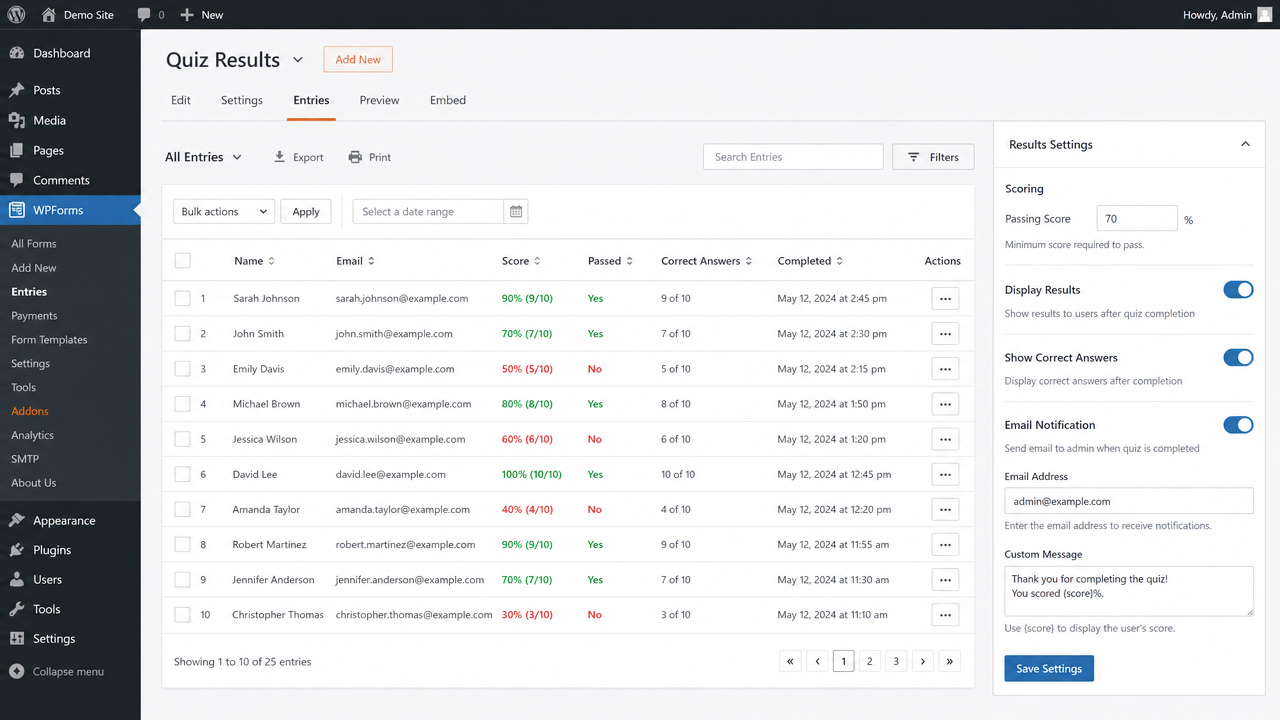 WPForms Quiz Addon results dashboard showing scores, passed status and email notification settings