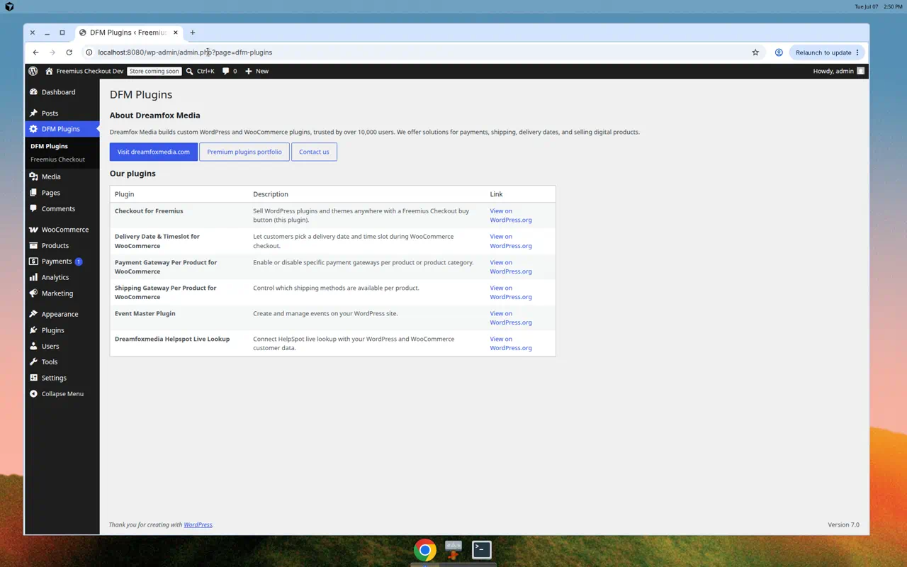 DFM Plugins overview page listing Dreamfox Media WordPress and WooCommerce plugins