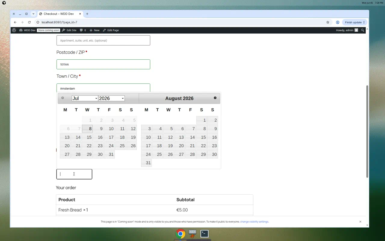 WooCommerce checkout delivery date calendar picker showing two months of available dates