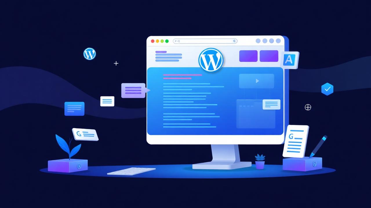 WordPress development workspace with code and design elements