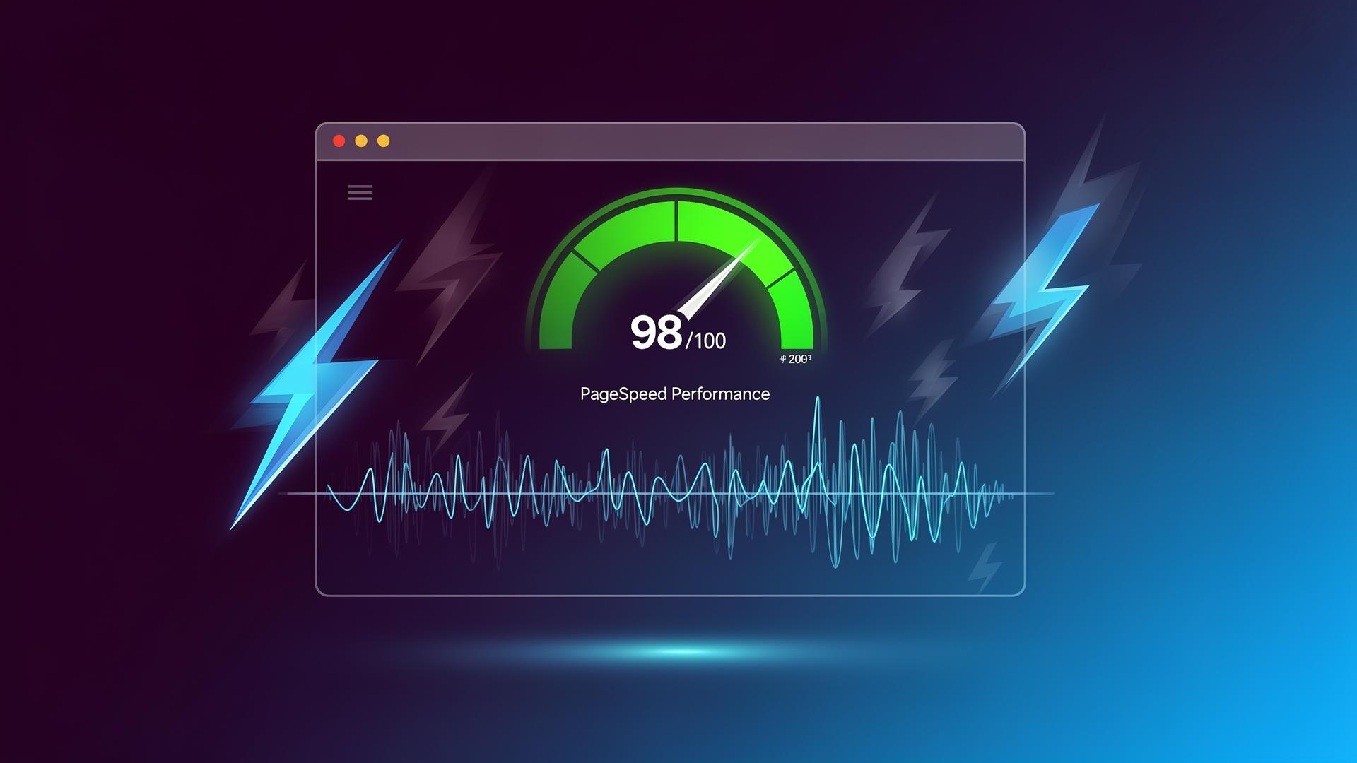 WordPress PageSpeed Insights performance gauge showing a 98 out of 100 score